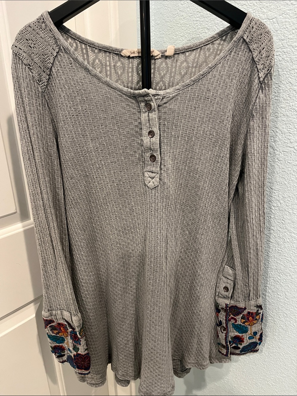 Soft Surroundings Gray Waffle Knit Henley with Embroidered Cuffs